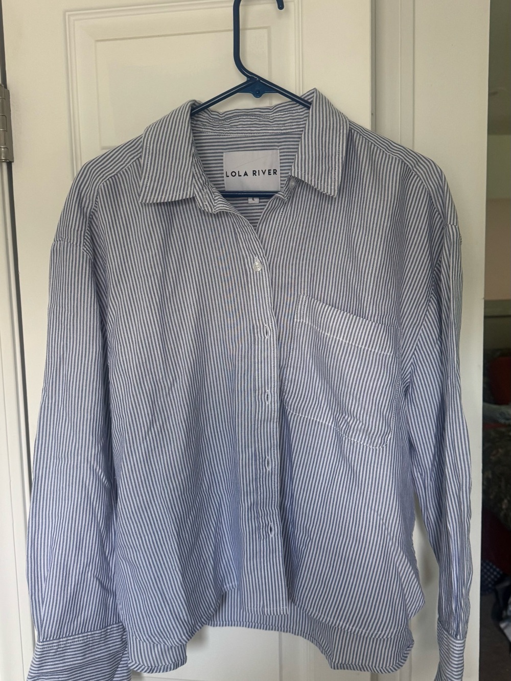 Women’s Cropped Blue & White Stripe Button-Up Shirt